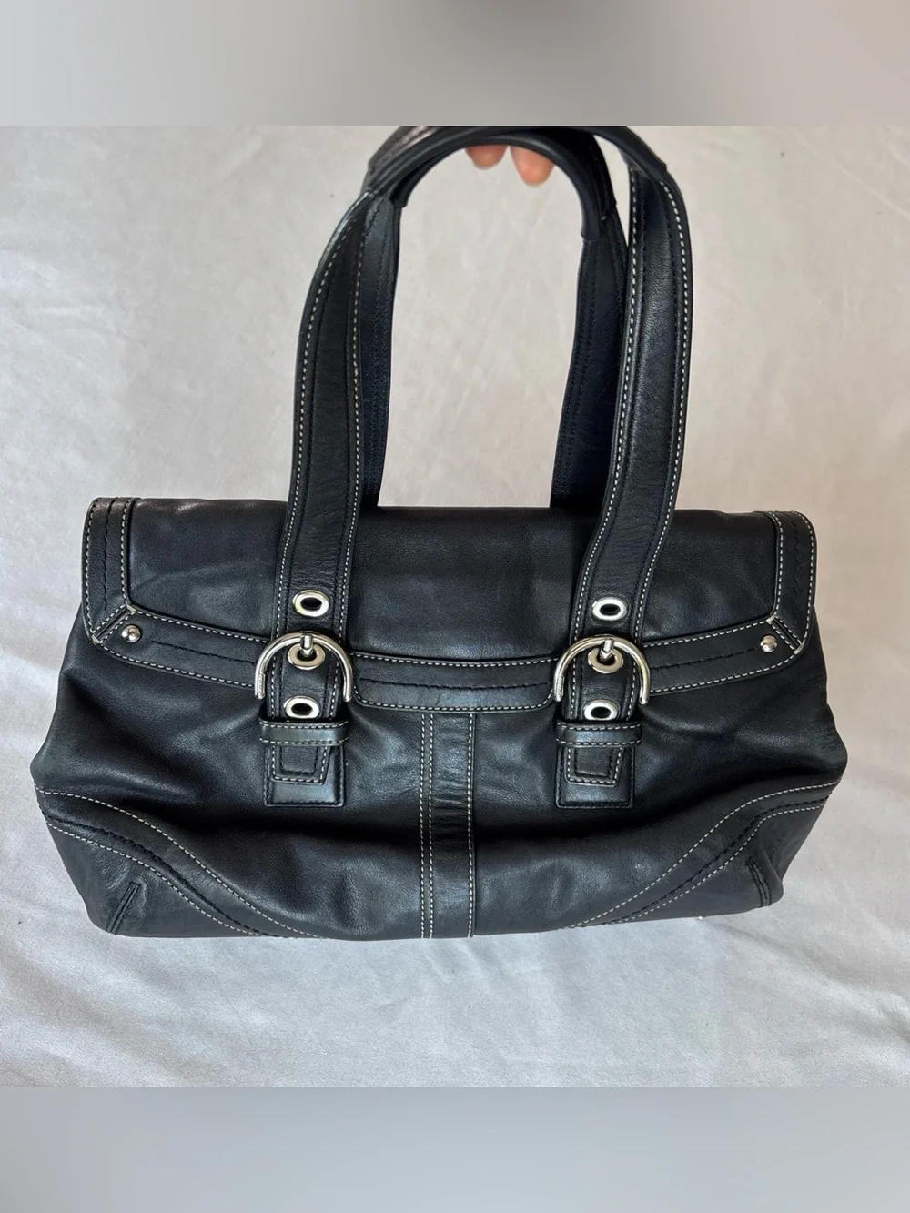 Coach Black Leather Shoulder Bag with Silver Buckles